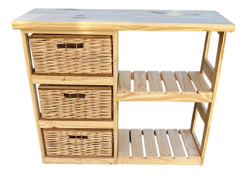 Organizador Canastero 3 Cajones Mimbre Natural + 2 Estantes Pino