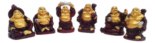 Imagem 1 de 8 de Estatueta Buda Em Resina Vinho Com 6 Pçs 3,5cm Novo