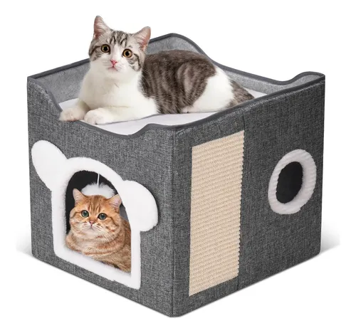 Cama Cueva Para Gatos Con Cojín Extraíble Y Lavable - Casa Interior Peluda Con Juguete Colgante, Antideslizante 30x30x28 Cm