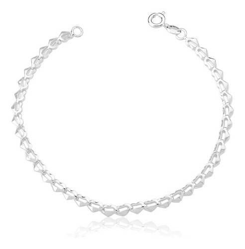 Pulseira Feminina Prata 925 Corações Esteirinha Comprimento 18 cm