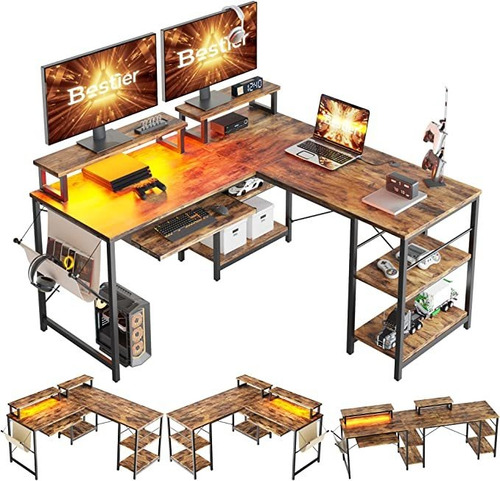 Bestier L Shaped Gaming Desk With Led Light 95.2 Inch Compu.