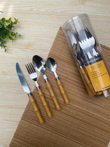 Conjunto Talher Faqueiro 16 Peças Bambu Cabo Plástico