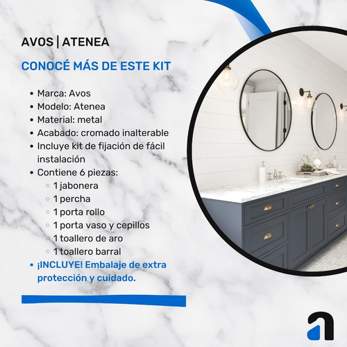 Imagen 2 de 10 de Accesorios Baño 6 Piezas 100% Metal Minimalista Avos Atenea