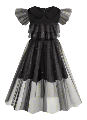 Vestido Disfraz Merlina Adams Negro Fiesta Con Tull Para Niñas 