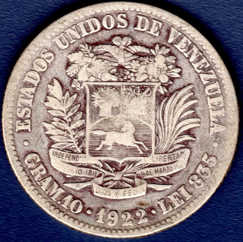 Moneda De Plata De 2 Bolívares Del Año 1922