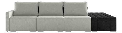 Sofá Ilha Modular Para Sala 342cm com Puff Dublin K01 Linho Cinza e Sintético Preto