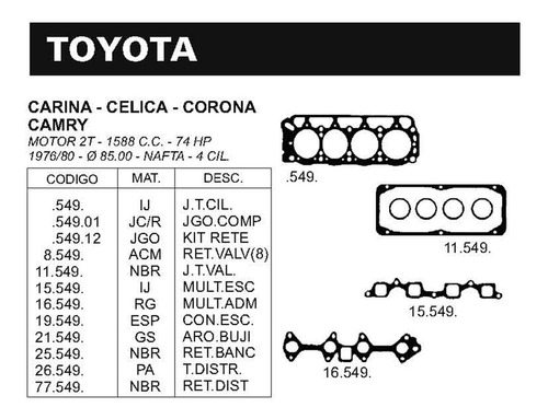 Juego De Juntas Con Retenes Toyota Carina 1.6