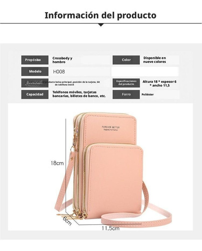 Negrura Cartera Mujer Porta Celular Bolsa Ajustable Cierres
