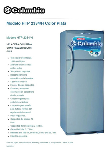 Heladera Columbia Htp2334 Con Freezer Plata 317lts