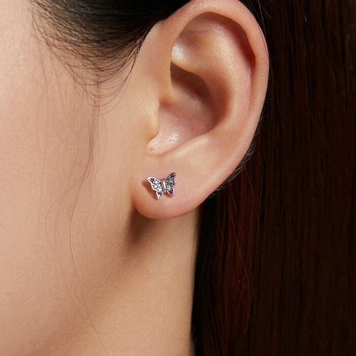 Aros De Plata 925 Con Circones Diseño Mariposa Multicolor
