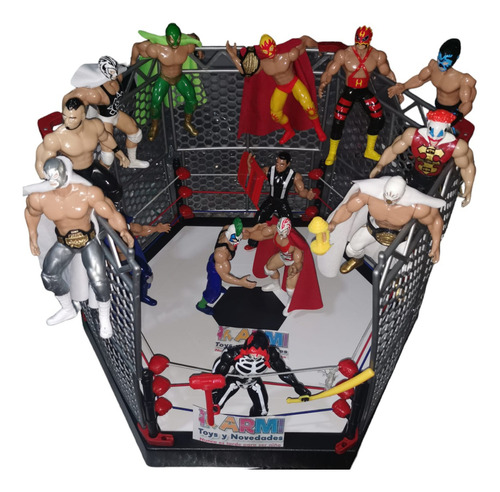 Ring De Jaula Lucha Libre + 2 Luchadores + Accesorios 50cm
