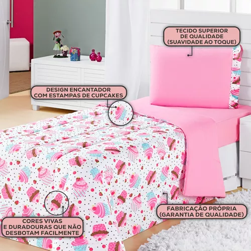 Lençol Infantil De Menina Jogo De Cama Solteiro 3Pçs Cupcake em