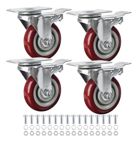 4 Inch Caster Wheels Set Of 4 With Brake Heavy Duty Pla...