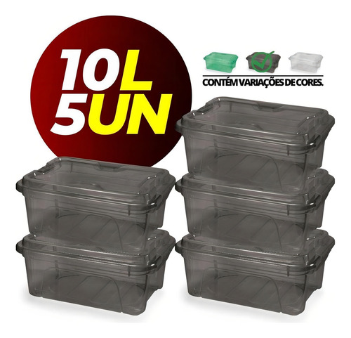 Kit 10 Caixa Organizadora Multiuso 10 Litros Com Trava Usual Cor Preto translúcido Liso