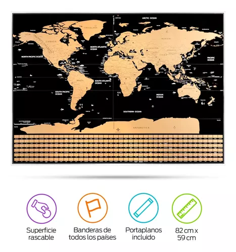 MAPA MUNDI RASCAR GRANDE SCRATCH OFF CON ESTADOS Y BANDERAS PAISES 82 x 59  CM