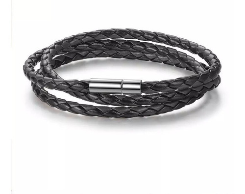 Pulsera Cuero Negro Unisex Cierre Plata Hombre /canale Donna