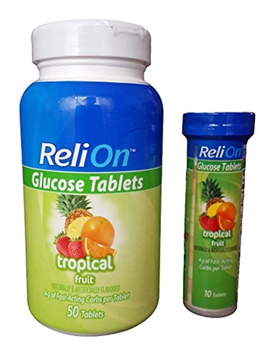 Relion Glucose, 50 Tabletas Con Tubo Para Llevar, 10 Tableta