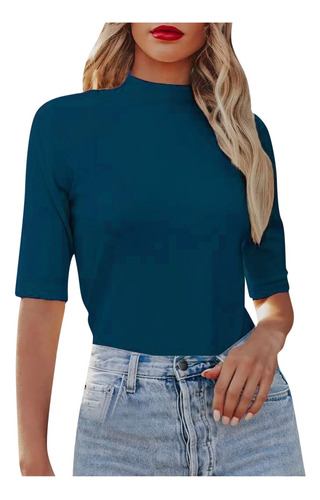 Blusa De Manga Corta Con Cuello Redondo Liso Para Mujer