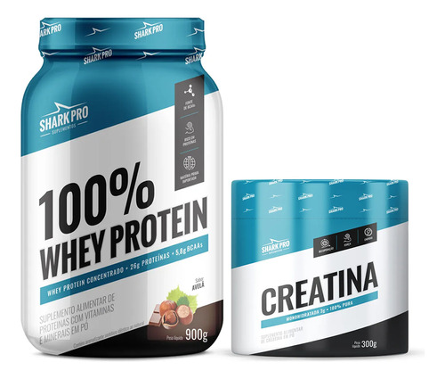100% Whey Protein Pote 900g Shark Pro + Creatina Pura 300g