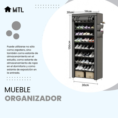 Zapatero Organizador Mtl Portatil Plegable 9 Estantes Color Gris Multiuso