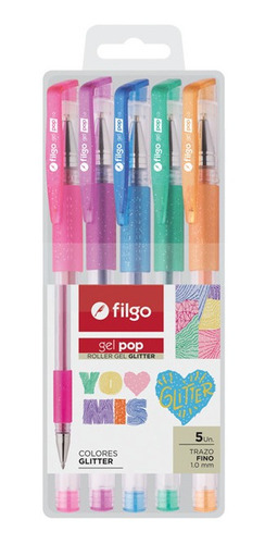 Boligrafo Roller Gel Pop Glitter Blister X 5 Colores Filgo