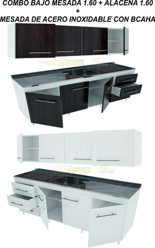 Combo Cocina 1.60 Bajo Mesada + Alacena + Mesada Acero Bacha