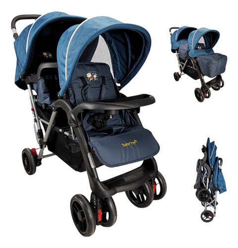 Carriola Gemelar Para Bebe Ruedas Con Freno Plegable Reclina Color Azul Chasis Gris