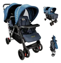 Comprar Carriola Gemelar Para Bebe Ruedas Con Freno Plegable Reclina Color Azul Chasis Gris