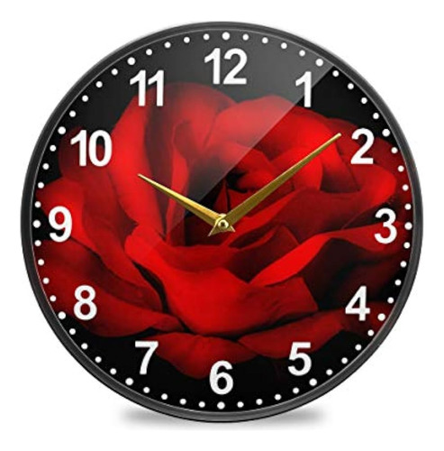 Alaza Reloj De Pared Negro Con Flor De Rosa Roja, Funciona C