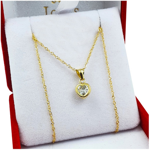 Conjunto Oro 18k Cadena Singapur + Dije Corazón Con Piedra 