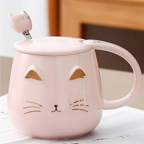 N Caneca De Cerâmica Com Cara De Gato Kawaii, Tampa E Colher