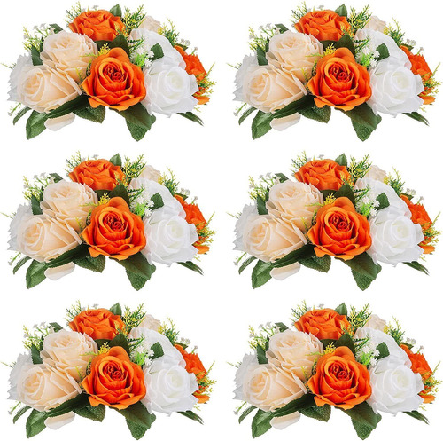 Flores Artificiales De Rosas, Naranja Y Blanca Pack 6u.