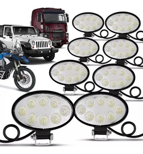 Kit 8x Farol Milha 8 Led 24w 12v 24v Oval Carro Off Road Top