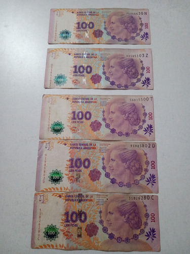 Lote 5 Billetes $100 Evita, Con Errores De Corte.