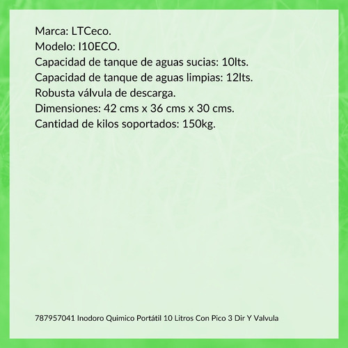 Imagen 6 de 10 de Inodoro Quimico Portátil 10 Litros Con Pico 3 Dir Y Valvula