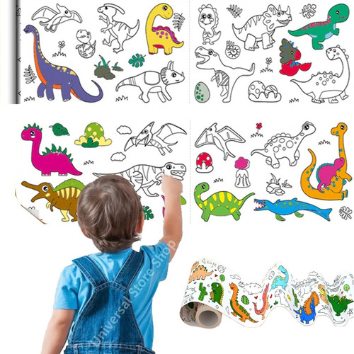 Dinosaurio Rollo 3mt Papel Dibujar Colorear Adhesivo Sticker