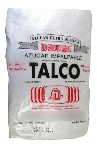 Azucar Impalpable Talco Dewey X 10 Kg Cotillon Sergio Once