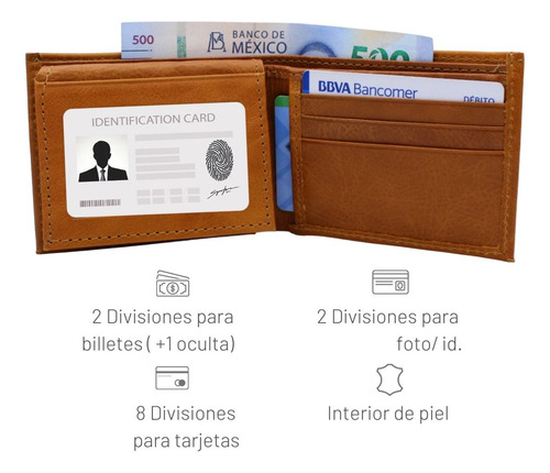 Cartera Bifold Premium Hombre Cierre Interno Piel Genuina Color Miel