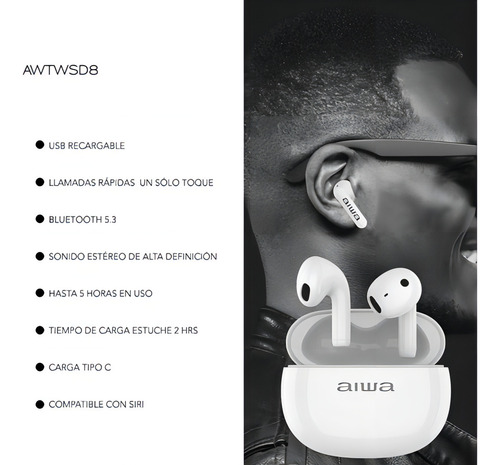 Audífonos Aiwa Tws Twsd8 In-ear Bluetooth 5.3 Blancos Blanco