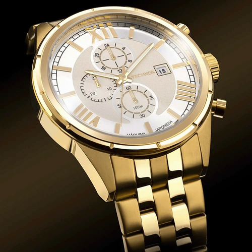 Relógio Technos Masculino Banhado A Ouro Cronógrafo Js15fw Correia Dourado Bisel Dourado Fundo Branco