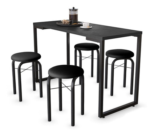 Conjunto Mesa De Cozinha Pratica Industrial 120cm E 4 Bancos Cor da tampa Preto Cor dos pés Preto