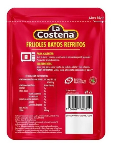 Frijoles Bayos Refritos La Costeña Bolsa 430 Gr