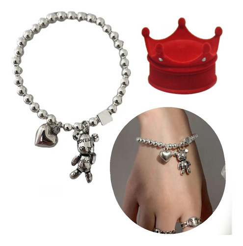 Pulsera De Dama Osito Plata + Estuche De Terciopelo