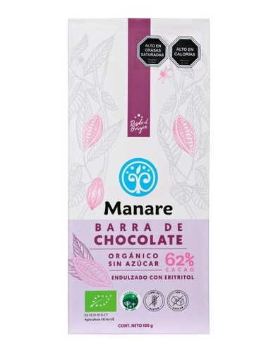 Barra Chocolate 62% Cacao Orgánico Sin Azucar. Manare