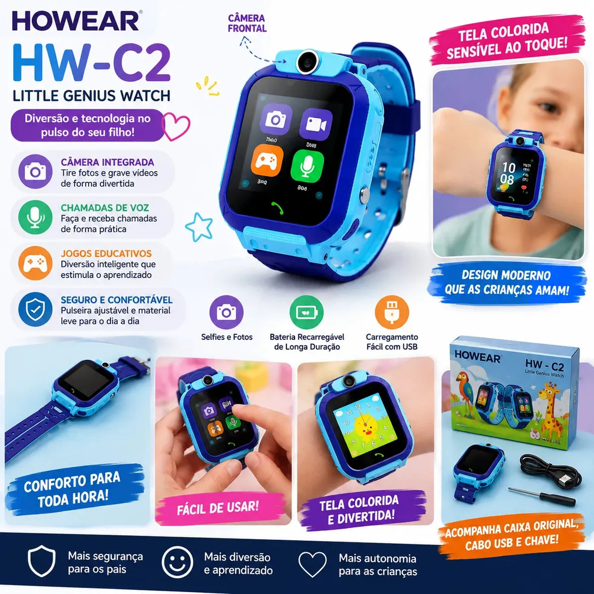 Smartwatch Infantil Gps Com Câmera E Chip Integrado Caixa Azul Pulseira Azul-celeste Bisel Azul