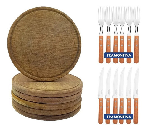 Set Asado Cubiertos Tramontina Platos Madera Algarrobo X6