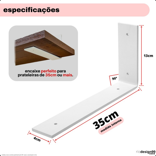 35cm - Mão Francesa Cantoneira Branca Invertida - Rio Design99 - Ferro Aço Suporte Para Prateleira Reforçada Resistente Industrial Madeira Bancada Estante S26