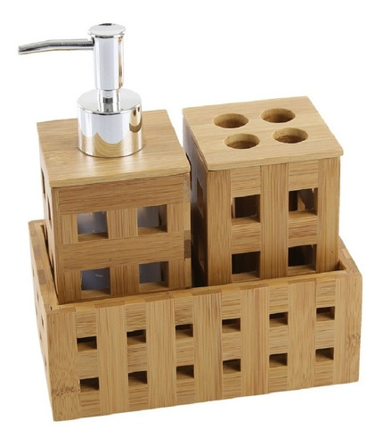 Set De Baño Madera Bamboo Dispenser Porta Cepillo D+m Bazar