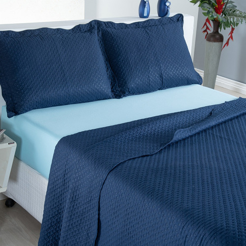 Kit Colcha Cobre Leito Casal 03 Peças Matelassê Ultrassônico Cor Azul