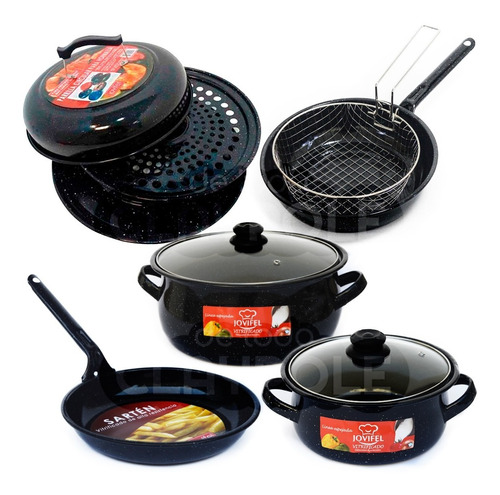 Set Cocina Enlozada Cacerolas Sarten Parrilla Freidor 5 Pzs